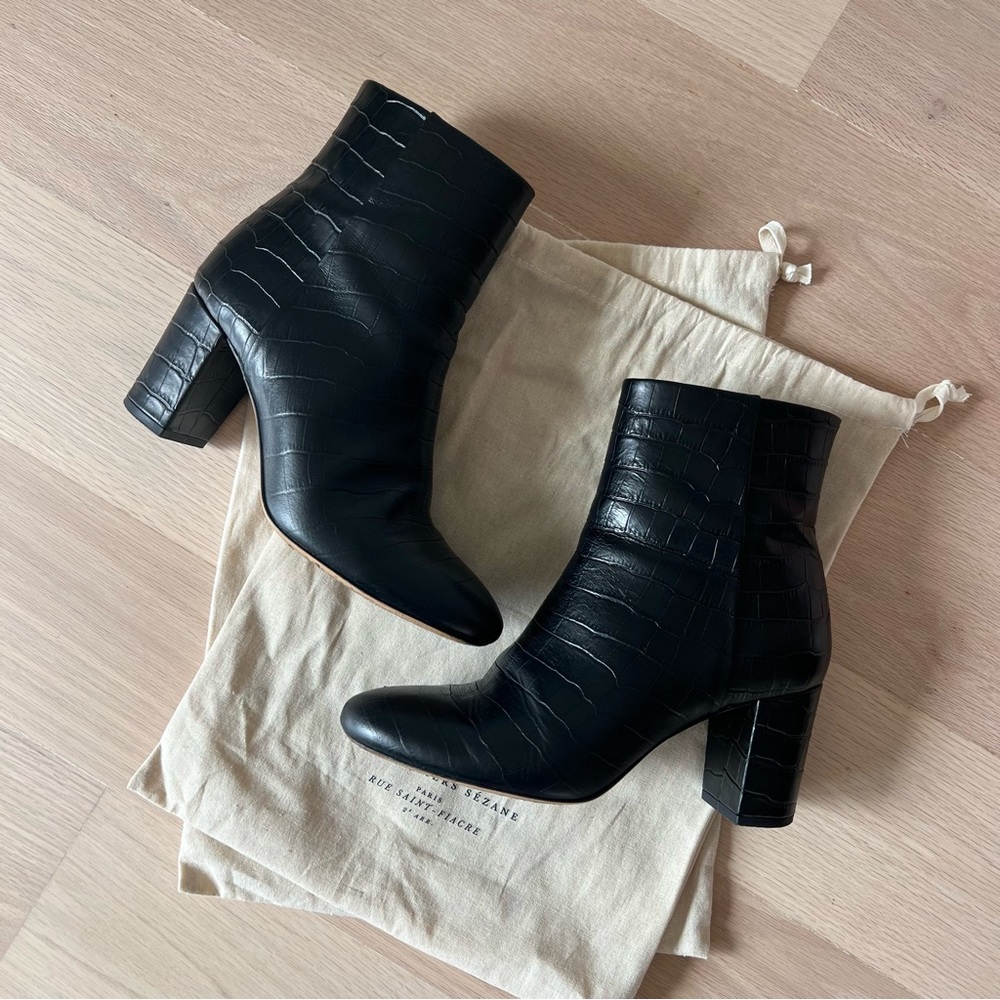 Sezane Black Croc-Patterned Ankle Booties